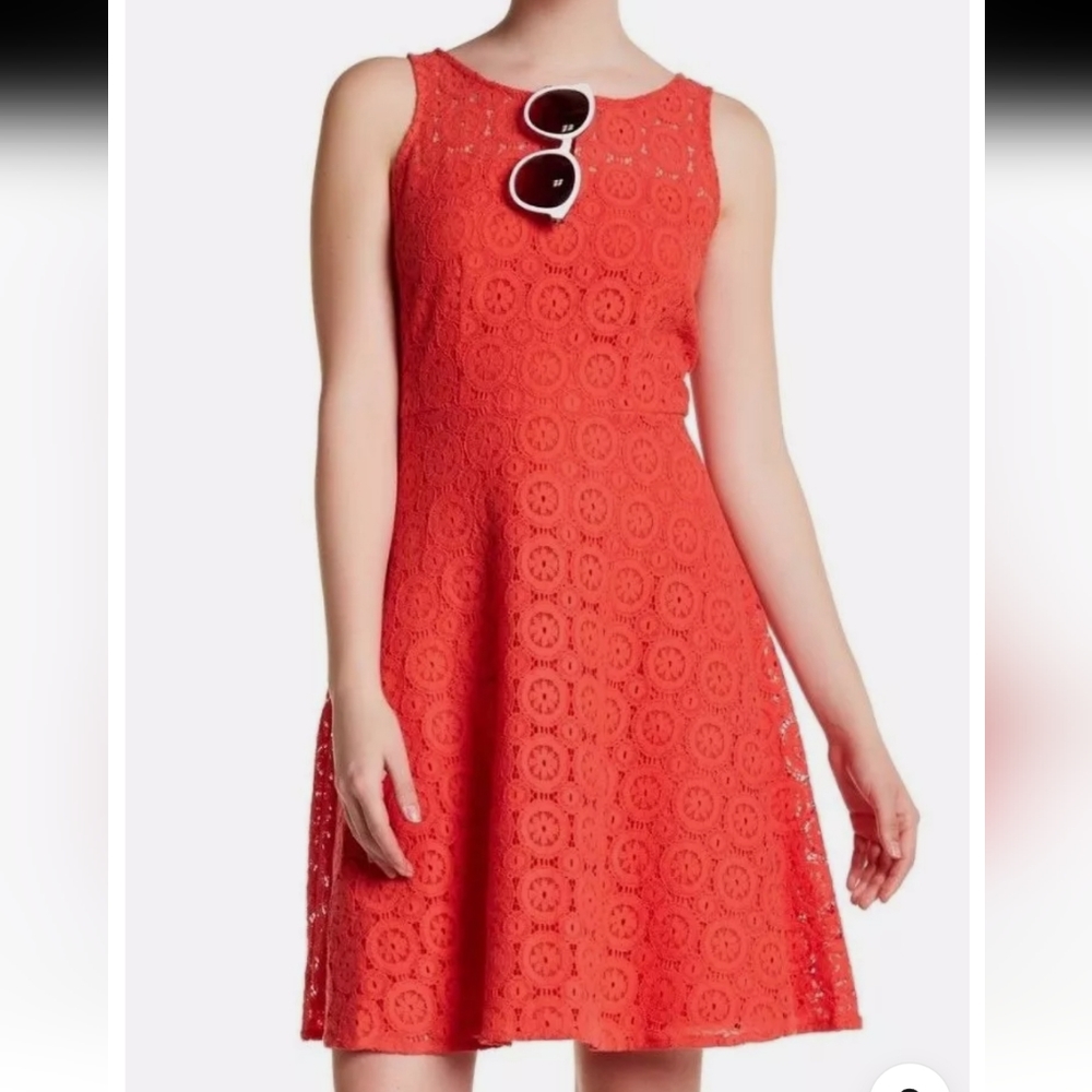 Nine West Dress Fire Glow Orange Medallion Stretch Lace Fit & Flare